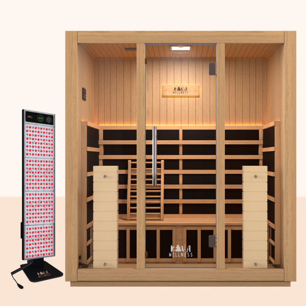 radiance 4 person infrared sauna and red light therapy - Phòng xông hồng ngoại 4 người Radiance với đèn đỏ di động.