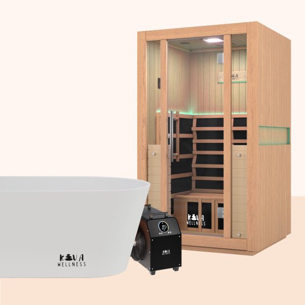 white kaldr ice bath, chiller and 2 person full spectrum sauna bundle