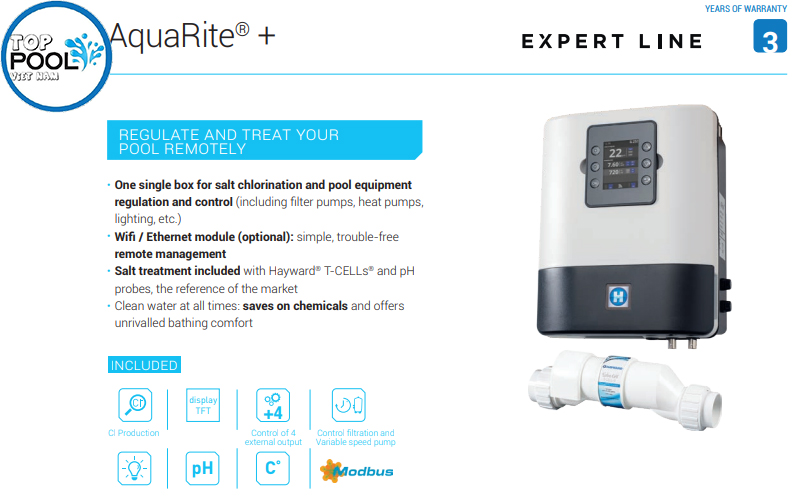 Máy điện phân muối Hayward AquaRite AQR-PLUS-T3E Máy điện phân muối Hayward AquaRite AQR-PLUS-T3E - Ảnh 2