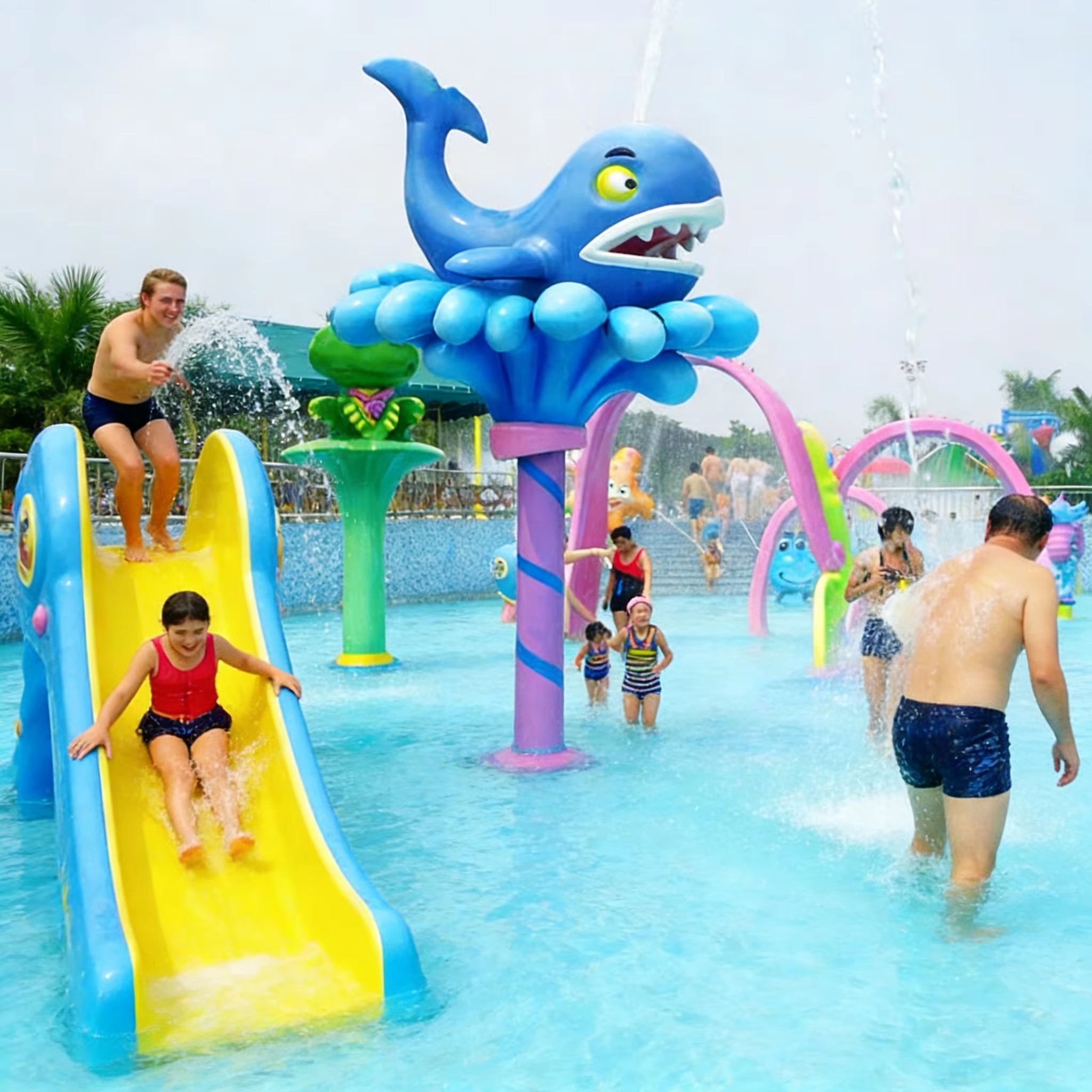 Đài phun nước hình cá voi composite cho sân chơi nước trẻ em