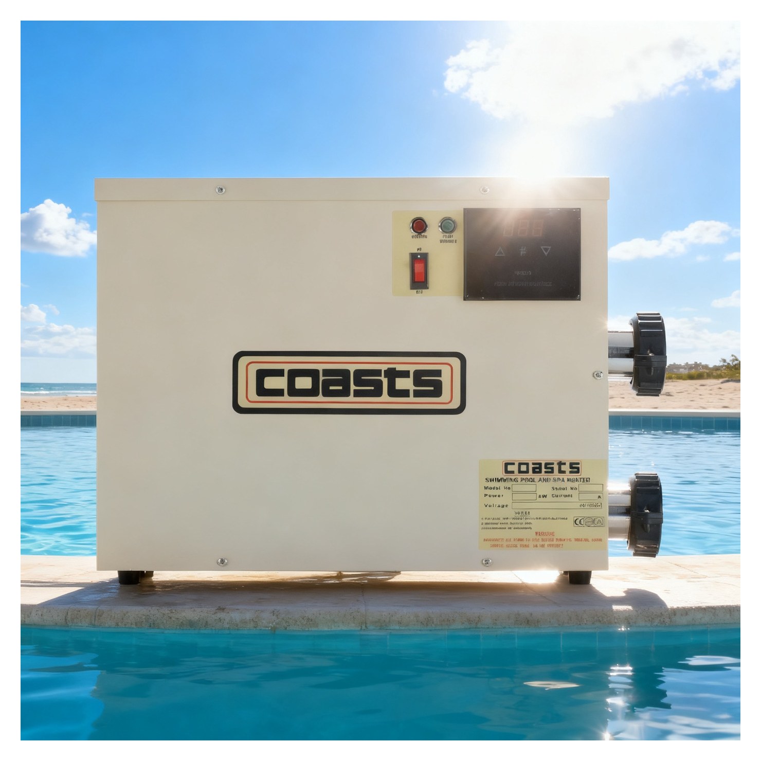 Máy sưởi hồ bơi Coasts KSY lắp cạnh hồ